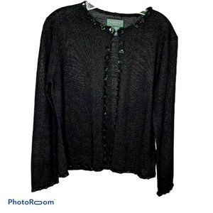 Mantles Women's Sweater Long Sleeve Button-Down Black Wool Floral Sequins Sz M/M